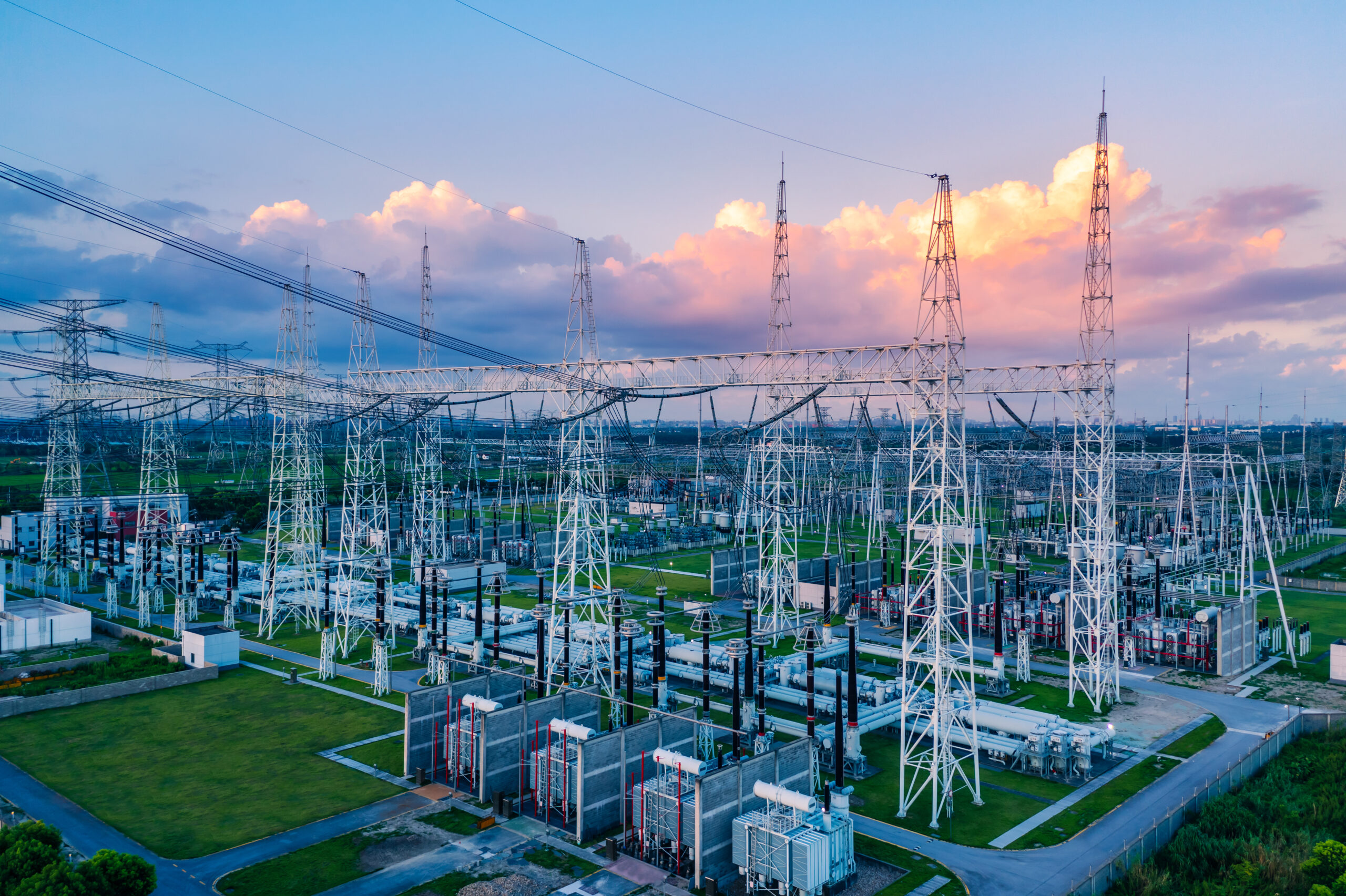 Aerial view of a high voltage substation.